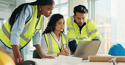 Buy stock photo Architecture, discussion and people with teamwork, laptop and planning for construction project. Engineering, group or employees in office, pc or collaboration with design, internet or floor plan