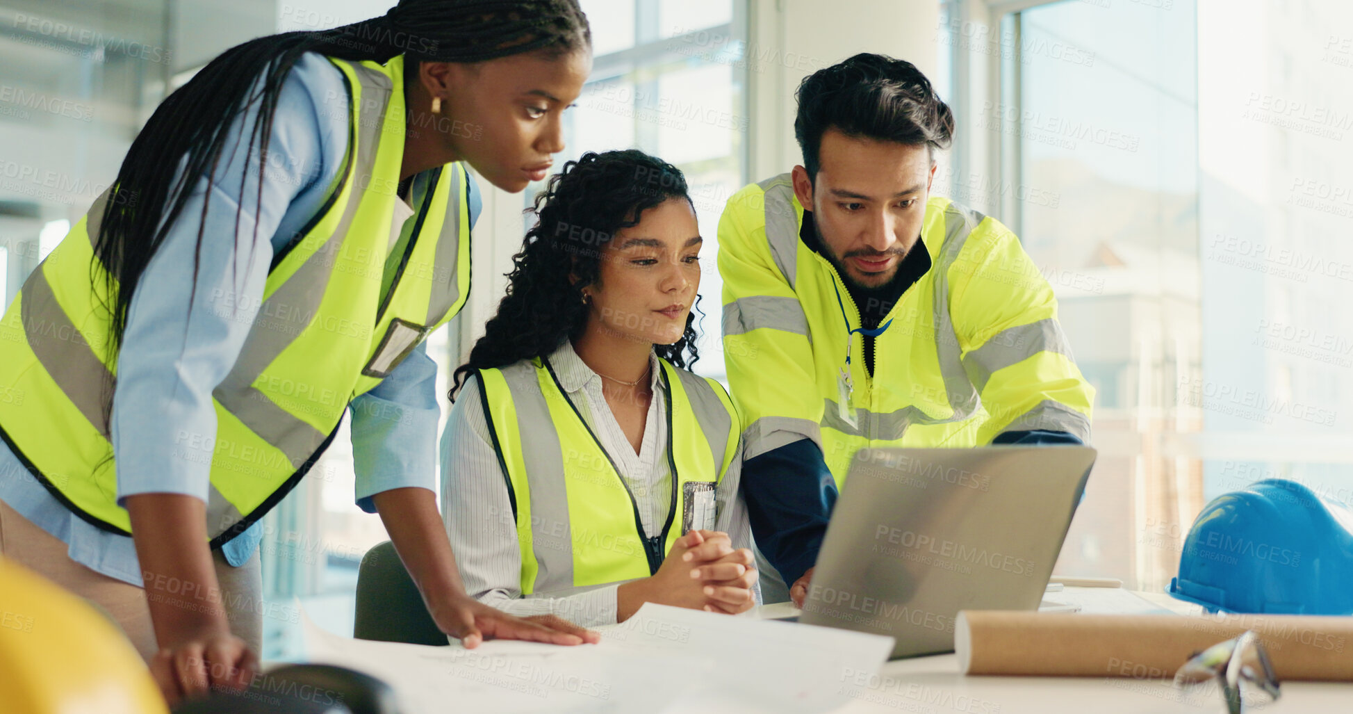 Buy stock photo Architecture, discussion and people with teamwork, laptop and planning for construction project. Engineering, group or employees in office, pc or collaboration with design, internet or floor plan