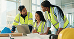 Contractor, team and meeting with laptop for construction project or industrial planning at office. People, builders or architects with computer or documents for floor layout or maintenance together