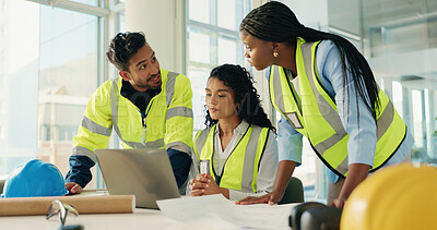 Buy stock photo Contractor, team and meeting with laptop for construction project or industrial planning at office. People, builders or architects with computer or documents for floor layout or maintenance together
