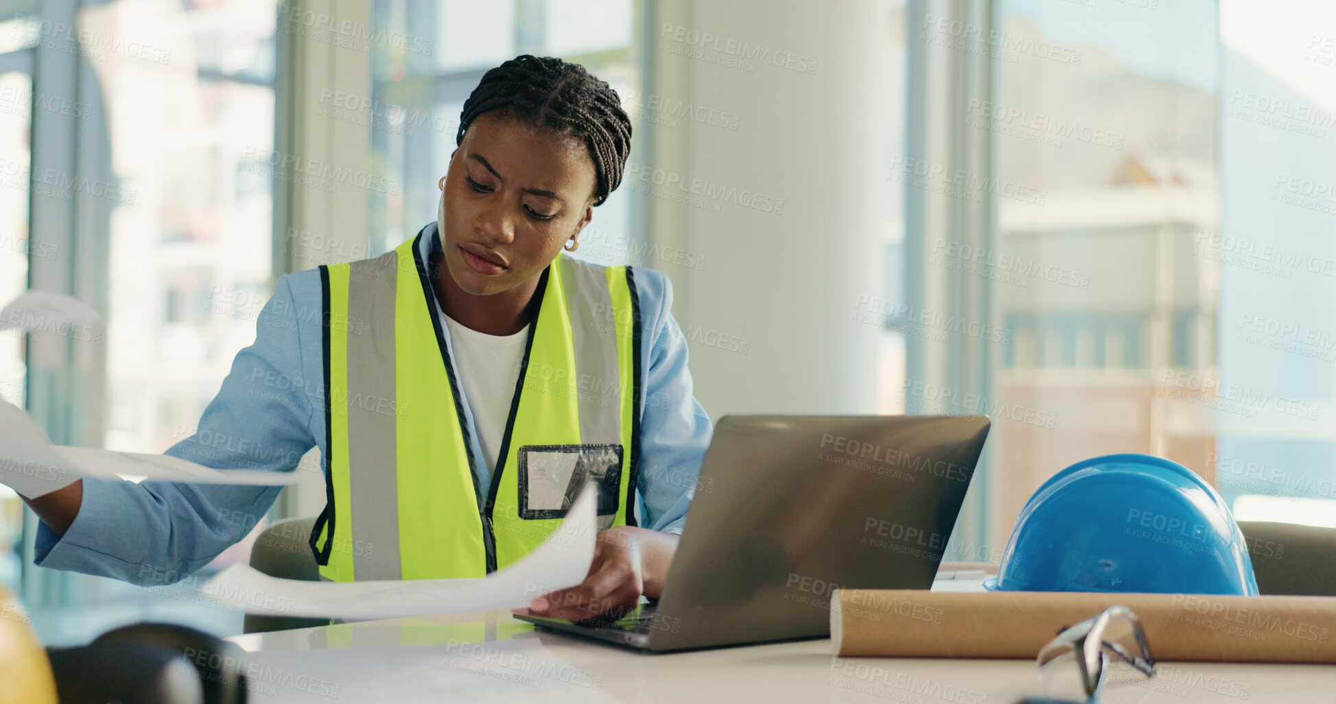 Buy stock photo Architecture, laptop and woman with paperwork for blueprint, building design and floorplan. Construction, civil engineer and person on computer for planning, research and project with documents