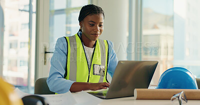 Buy stock photo Architecture, laptop and black woman in office for building design, blueprint and floorplan. Construction, civil engineer and person on computer for planning, research and project with paperwork