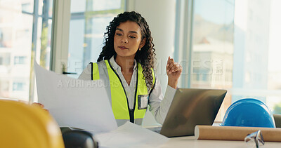Buy stock photo Architecture, laptop and woman with documents for blueprint, building design and floorplan. Construction, civil engineer and person on computer for planning, research and project with paperwork
