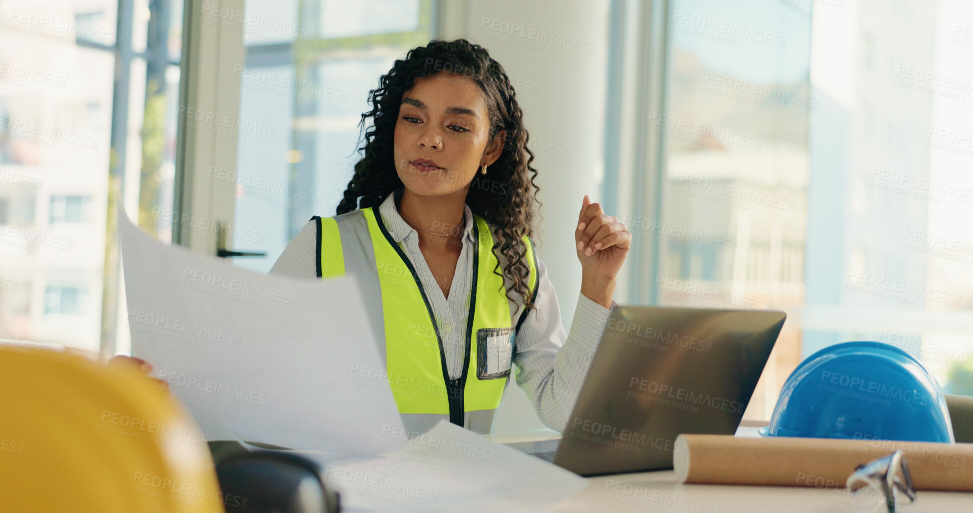 Buy stock photo Architecture, laptop and woman with documents for blueprint, building design and floorplan. Construction, civil engineer and person on computer for planning, research and project with paperwork