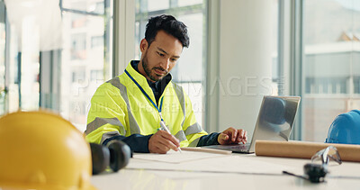 Buy stock photo Office, hands and architect drawing blueprint for draft, architectural project or construction. Floor plan, engineering and man sketching for real estate ideas, property development and model design