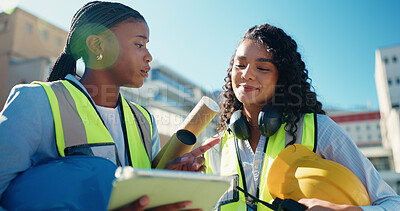 Buy stock photo Online, civil engineer and women with tablet, teamwork and design for property development and city. Architecture, colleagues and people with tech for project, outdoor and planning for construction