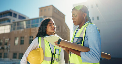 Buy stock photo Women, architecture team and supervisor with tablet on construction site, inspection or maintenance. Digital blueprint, project management and city planning with tech, civil engineering and strategy