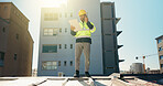 Construction, man and clipboard with radio in city for site inspection, quality control and safety. Engineer, low angle and communication with checklist for project management and risk assessment