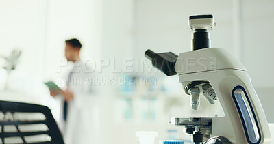 Buy stock photo Science tools, microscope and technology in laboratory for research, innovation or experiment. Person, microbiology equipment and optical instrument with scientist for medical study, test or analysis