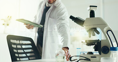 Buy stock photo Man, scientist and hand with beaker, tablet and chemical solution for research study in lab. Science, technology and doctor with glass bottle with liquid for chemistry or pharmaceutical development