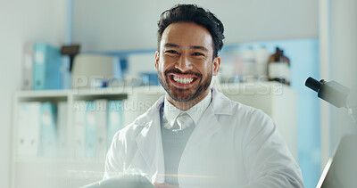 Buy stock photo Man, scientist and smile in portrait with pride, career or medical research project with tablet. Person, happy and tech with pharmaceutical study for vaccine development with excited at lab in Mexico