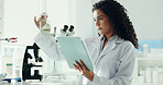 Chemical, woman and scientist in laboratory with tablet for medical research, project or study. Digital technology, liquid and female microbiologist with solvent report for pharmaceutical innovation.