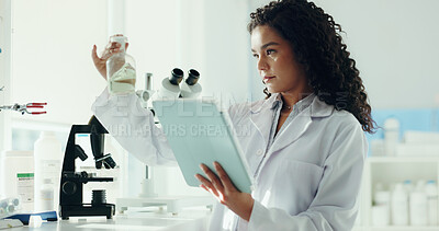 Buy stock photo Chemical, woman and scientist in laboratory with tablet for medical research, project or study. Digital technology, liquid and female microbiologist with solvent report for pharmaceutical innovation.