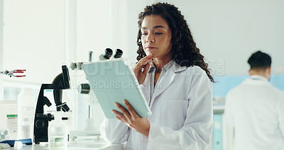 Buy stock photo Thinking, woman and scientist in laboratory with tablet for medical research, ideas or study. Digital technology, planning and female microbiologist with bacteria report for pharmaceutical innovation