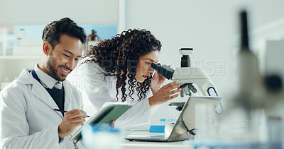Buy stock photo Science, team and people on tablet in lab with microscope for research, medical study or DNA analysis. Healthcare, biology and man with woman on digital tech for forensic report, experiment or sample