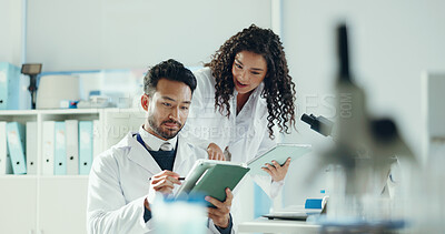 Buy stock photo Science, talking and people on tablet in lab with microscope for analysis, medical research and study. Biology, pharmaceutical team and man with woman on tech for results, review and online report