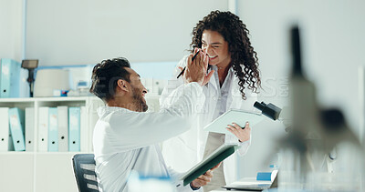 Buy stock photo Science, people or high five with tablet in lab for drug trial approval, achievement and goals. Scientists, teamwork and celebration for medical research, cancer immunotherapy publication and support