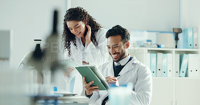 Buy stock photo Science, team and happy people on tablet in lab for analysis, medical research and study. Chemistry, pharmaceutical and man with woman on digital tech for vaccine results, discovery and online report