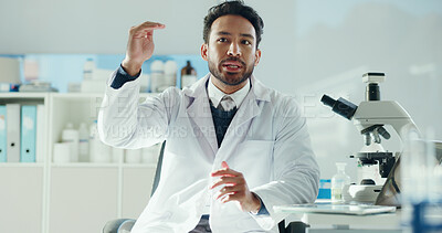 Buy stock photo Man, scientist and explaining in lab for microbiology study, report or feedback with discussion. Doctor, microscope and communication for medical research, pharmaceutical development and gesture