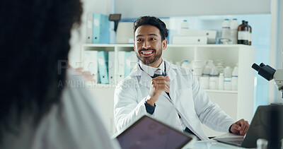 Buy stock photo Man, scientist and smile in lab with colleague for microbiology study, report or discovery discussion. Team, microscope and technology for medical research, pharmaceutical development and solution