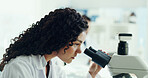 Scientist, research and woman with microscope in lab for genetic testing, sample study and biology. Science, innovation and employee with medical equipment for DNA analysis, experiment or development