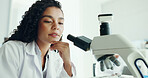 Woman, scientist and thinking at laboratory with decision, review or results for medical research. Person, perspective and project with pharmaceutical study, insight and vaccine development for virus