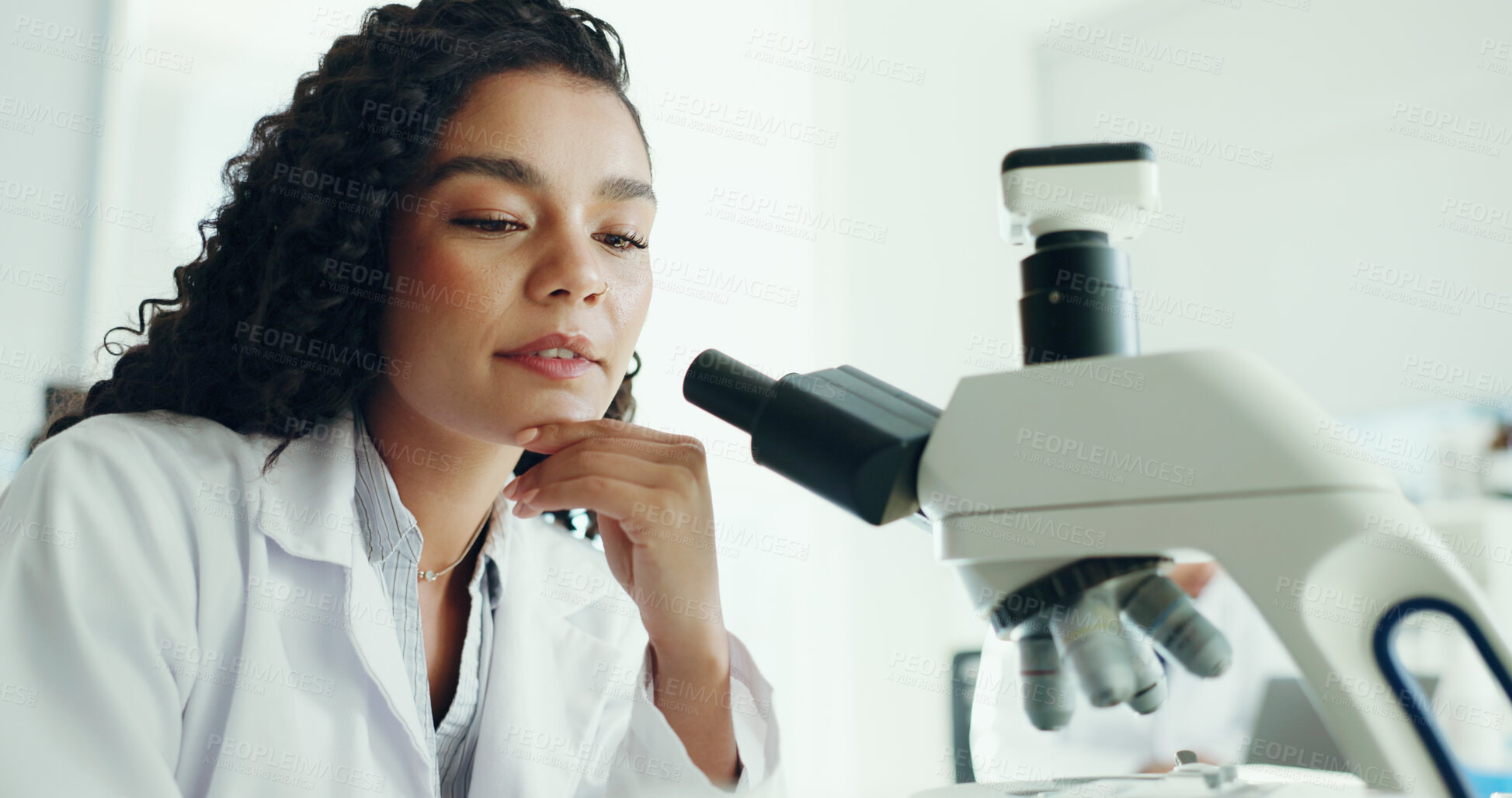 Buy stock photo Woman, scientist and thinking at laboratory with decision, review or results for medical research. Person, perspective and project with pharmaceutical study, insight and vaccine development for virus