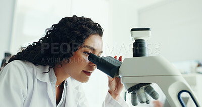 Buy stock photo Scientist, study and woman with microscope in lab for clinical trial, sample testing or experiment. Science, innovation and employee with medical equipment for cancer research and vaccine development