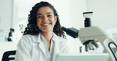 Buy stock photo Science, happy and portrait of woman with microscope in laboratory for medical research, study and results. Healthcare, biology and scientist on tablet for vaccine report, medicine and experiment