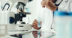 Science, laboratory and hands with sample on microscope for analysis, medical research and study. Healthcare, pharmaceutical and scientist with liquid in test tube for medicine, experiment or vaccine