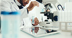 Science, lab and man with dropper on microscope for analysis, medical research and study. Healthcare, pharmaceutical and hands of scientist with liquid sample for medicine, experiment and vaccine