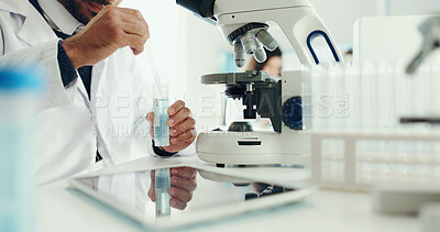 Buy stock photo Hands, laboratory and man with dropper on microscope for analysis, medical research and study. Healthcare, pharmaceutical and scientist with liquid in test tube for medicine, experiment and vaccine
