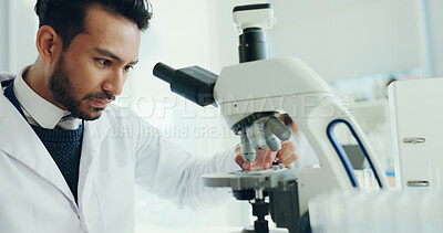 Buy stock photo Science, laboratory and man with slide on microscope for analysis, medical research and study. Healthcare, pharmaceutical and scientist with biology sample for medicine, experiment and vaccine