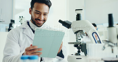 Buy stock photo Scientist, research and man in lab, tablet and online reading with app for experiment results. Person, medical breakthrough and employee with vaccine development, digital tech and email for report