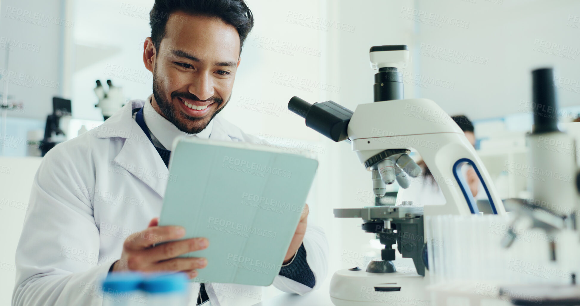 Buy stock photo Scientist, research and man in lab, tablet and online reading with app for experiment results. Person, medical breakthrough and employee with vaccine development, digital tech and email for report