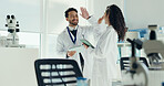Science, people or high five with tablet in lab for clinical trial success, test results and goals. Scientist, teamwork or celebration for medical research, breakthrough or cancer immunotherapy study