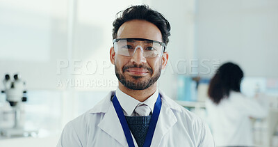 Buy stock photo Man, scientist and happy with goggles, portrait or pride for career with medical research project. Person, smile and safety glasses for pharma study, vaccine development or ppe for eyes at laboratory