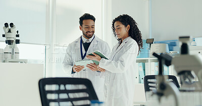 Buy stock photo Science, teamwork and people on tablet in laboratory for research, medical study and DNA analysis. Healthcare, biology and man with woman on digital tech for forensic report, experiment and vaccine