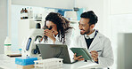Science, team and people on tablet with microscope for analysis, medical research and lab study. Happy, pharmaceutical and man with woman on digital tech for vaccine results, review and online report
