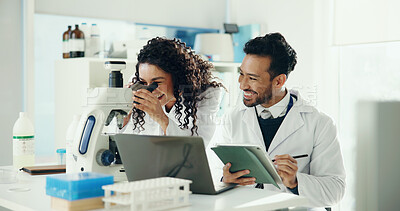 Buy stock photo Science, team and people on tablet with microscope for analysis, medical research and lab study. Happy, pharmaceutical and man with woman on digital tech for vaccine results, review and online report