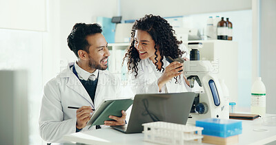 Buy stock photo Happy, team and people on tablet in lab with microscope for analysis, medical research and study. Healthcare, pharmaceutical and man with woman on digital tech for results, vaccine and online report