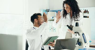 Buy stock photo Scientist, people or high five with tablet in lab for clinical trial success, test results and goals. Science, teamwork or celebration for medical research, breakthrough or pharmaceutical development