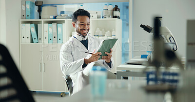 Buy stock photo Science, smile and man in lab, tablet and online reading with app for experiment review. Vaccine report, medical research and person in workplace, digital tech and study results with data analytics