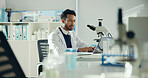 Science, forensic and man with laptop in lab for medical research, medicine study and dna results. Healthcare, biology and scientist on digital tech for vaccine report, innovation and experiment