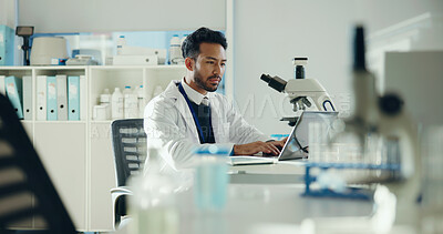 Buy stock photo Science, forensic and man with laptop in lab for medical research, medicine study and dna results. Healthcare, biology and scientist on digital tech for vaccine report, innovation and experiment