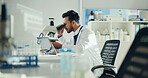 Scientist, sample and man with microscope in lab for clinical trial, virus study and experiment. Science, innovation and employee with medical equipment for cancer research and vaccine development