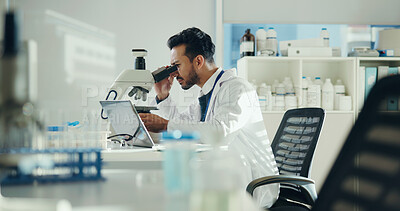 Buy stock photo Scientist, sample and man with microscope in lab for clinical trial, virus study and experiment. Science, innovation and employee with equipment for medical research, vaccine development and analysis