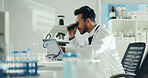 Scientist, analysis and man with microscope in lab for sample testing, clinical study and innovation. Science, employee and medical equipment for vaccine development, cancer research and drug trial