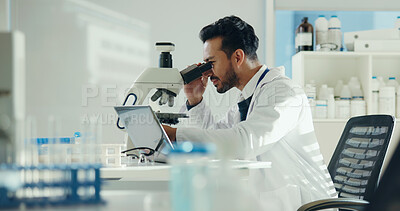 Buy stock photo Scientist, analysis and man with microscope in lab for sample testing, clinical study and innovation. Science, employee and medical equipment for vaccine development, cancer research and drug trial