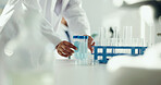 Science, sample and hands with test tube in lab for study, medical research and medicine development. Healthcare, pharmaceutical and scientist with equipment for analysis, biology and experiment